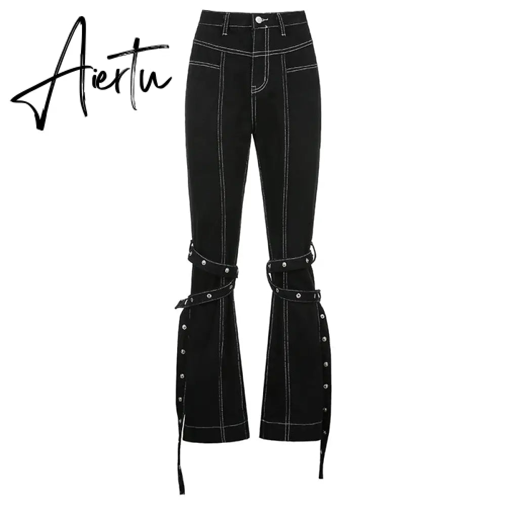 Aiertu Emo Punk Chain Pants Black Denim Woman Gothic Alt Clothes Y2k Streetwear Vintage Straight Pants Pockets High Waist Trousers Aiertu