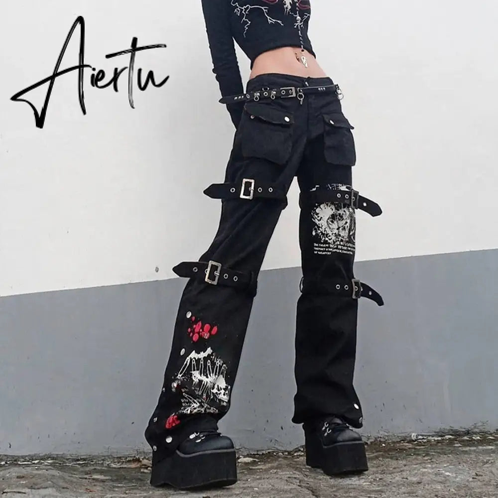 Aiertu Emo Punk Chain Pants Black Denim Woman Gothic Alt Clothes Y2k Streetwear Vintage Straight Pants Pockets High Waist Trousers Aiertu