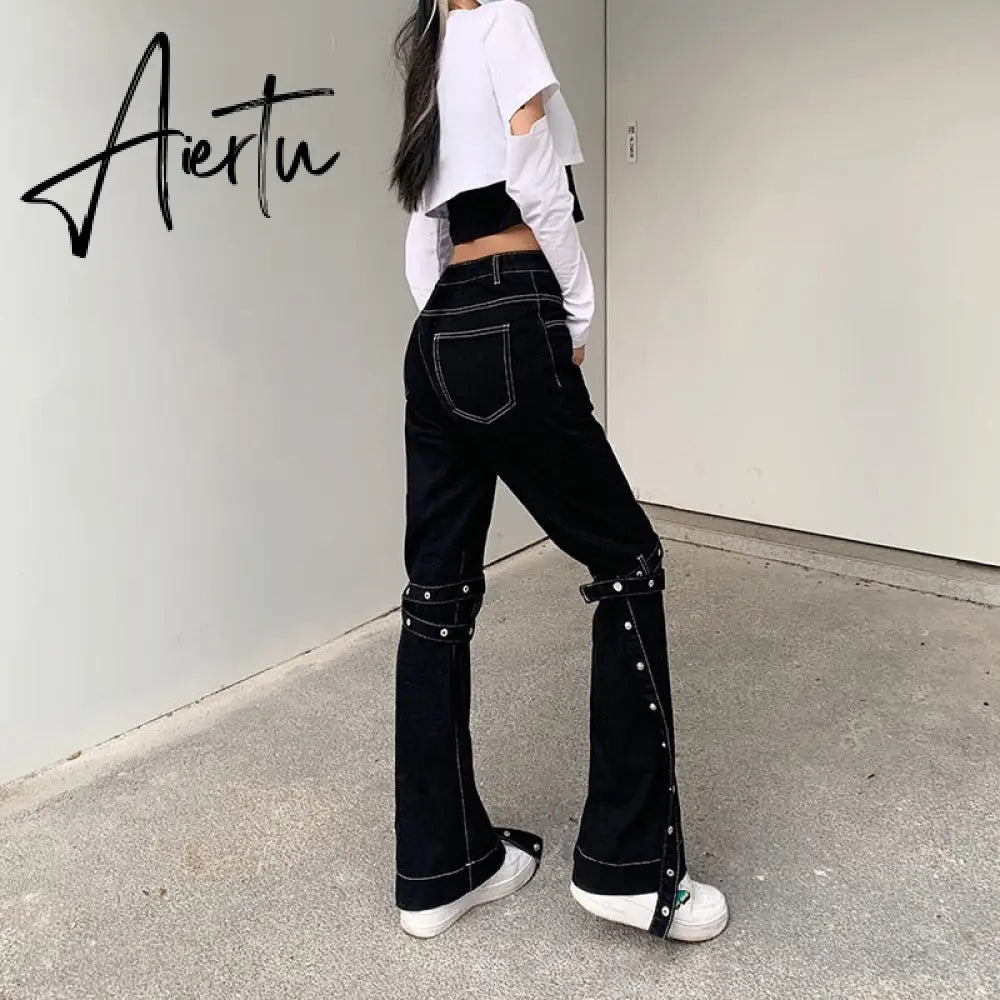 Aiertu Emo Punk Chain Pants Black Denim Woman Gothic Alt Clothes Y2k Streetwear Vintage Straight Pants Pockets High Waist Trousers Aiertu