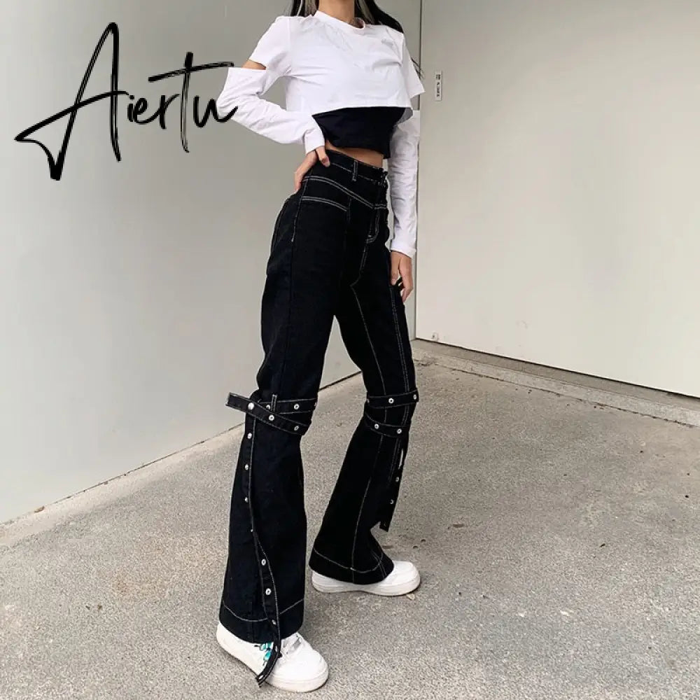 Aiertu Emo Punk Chain Pants Black Denim Woman Gothic Alt Clothes Y2k Streetwear Vintage Straight Pants Pockets High Waist Trousers Aiertu