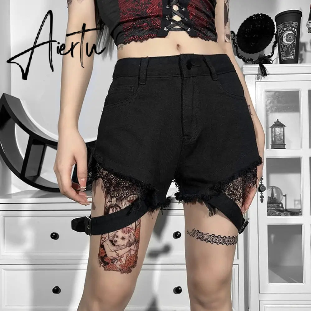 Aiertu Emo Punk Chain Pants Black Denim Woman Gothic Alt Clothes Y2k Streetwear Vintage Straight Pants Pockets High Waist Trousers Aiertu