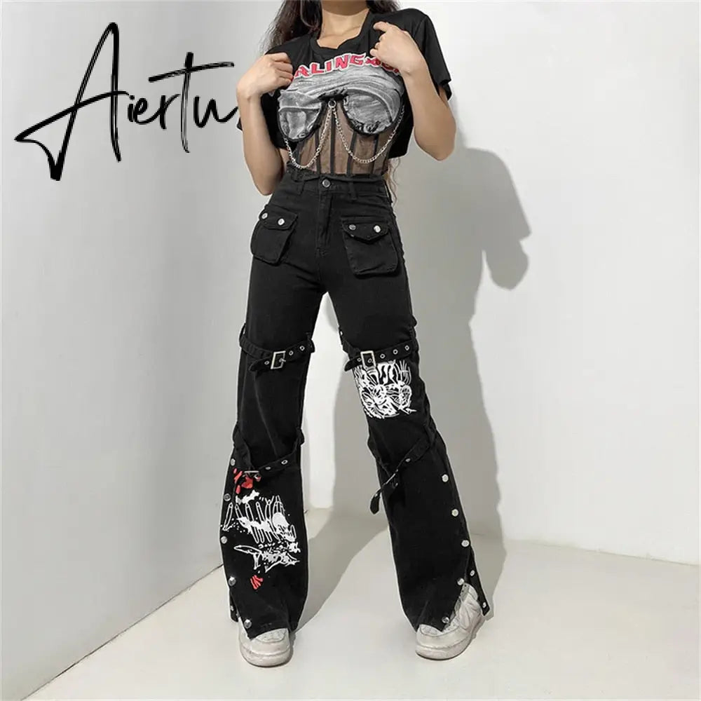 Aiertu Emo Punk Chain Pants Black Denim Woman Gothic Alt Clothes Y2k Streetwear Vintage Straight Pants Pockets High Waist Trousers Aiertu