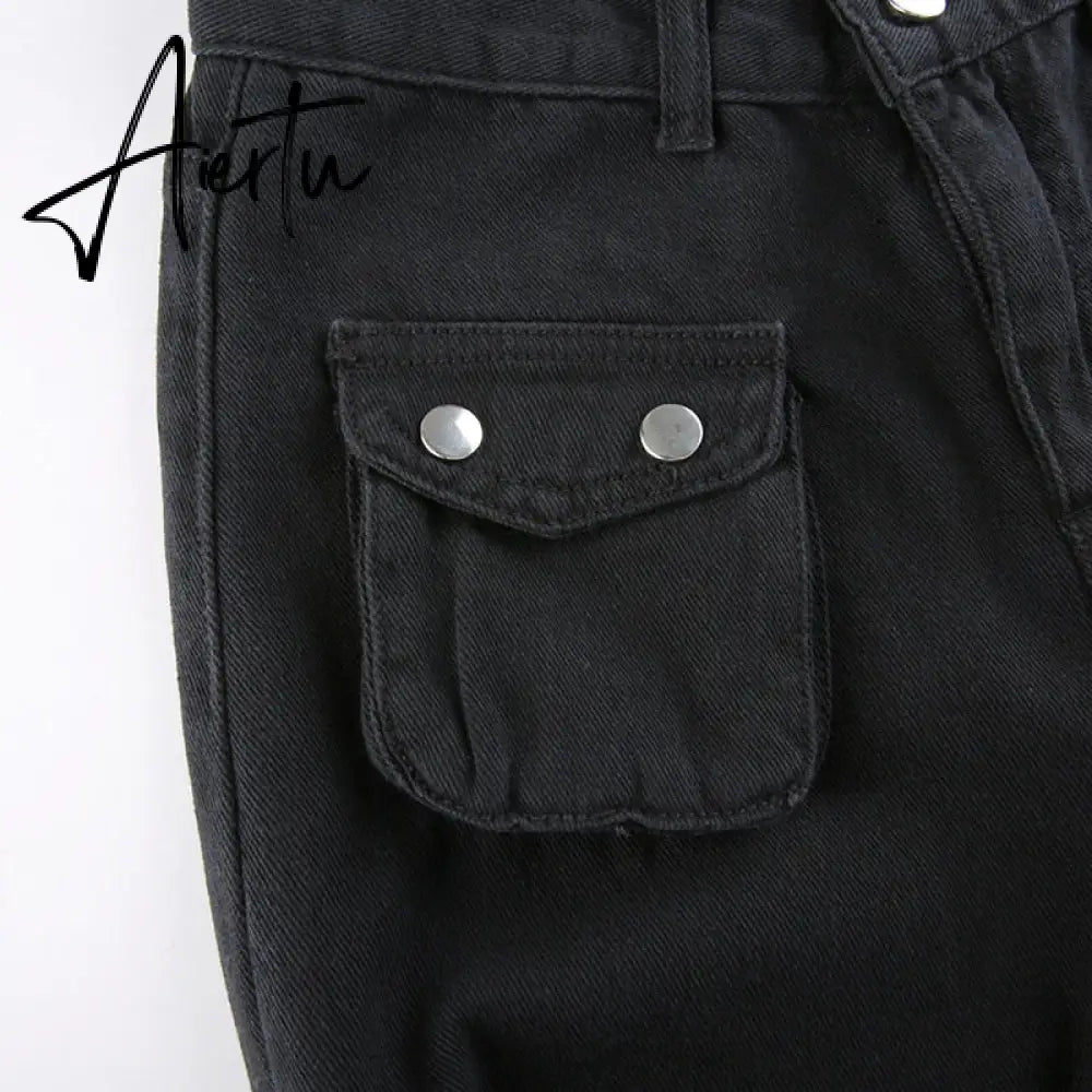 Aiertu Emo Punk Chain Pants Black Denim Woman Gothic Alt Clothes Y2k Streetwear Vintage Straight Pants Pockets High Waist Trousers Aiertu