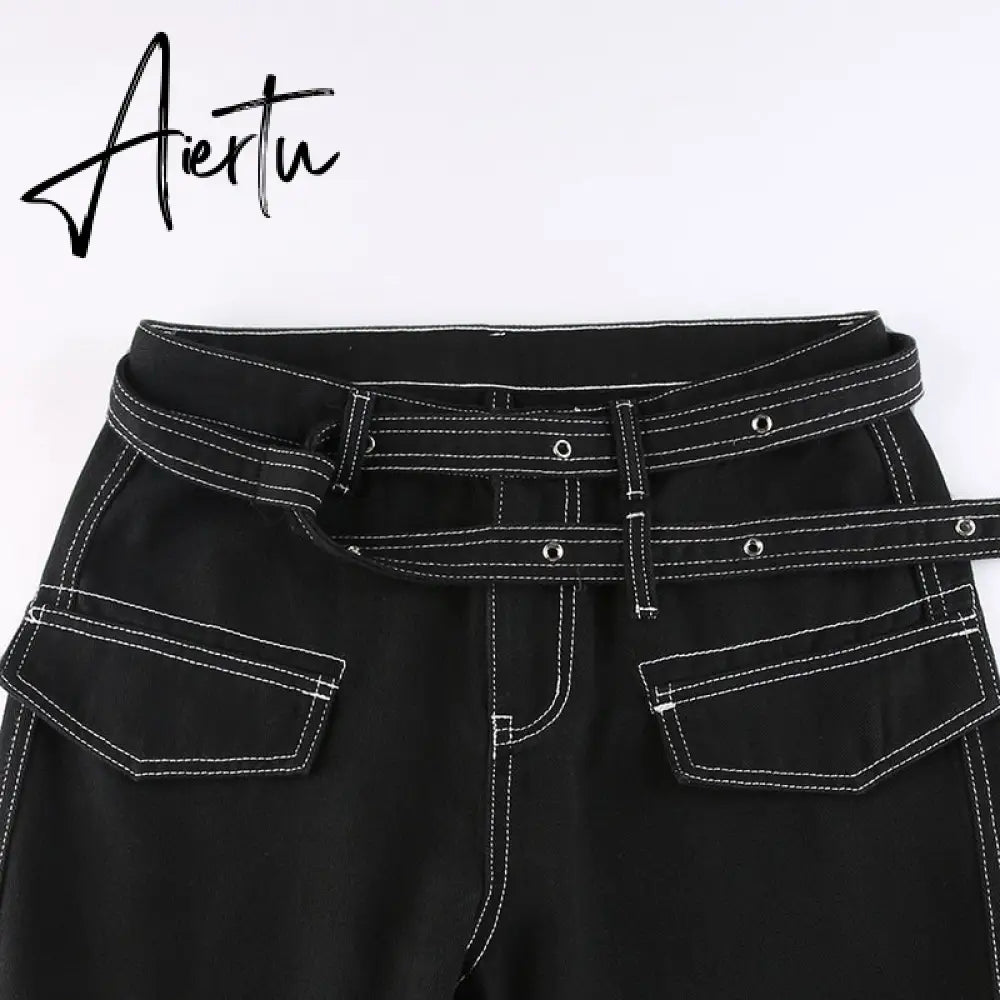 Aiertu Emo Punk Chain Pants Black Denim Woman Gothic Alt Clothes Y2k Streetwear Vintage Straight Pants Pockets High Waist Trousers Aiertu