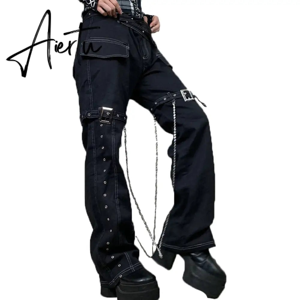 Aiertu Emo Punk Chain Pants Black Denim Woman Gothic Alt Clothes Y2k Streetwear Vintage Straight Pants Pockets High Waist Trousers Aiertu