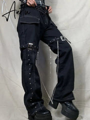 Aiertu Emo Punk Chain Pants Black Denim Woman Gothic Alt Clothes Y2k Streetwear Vintage Straight Pants Pockets High Waist Trousers Aiertu