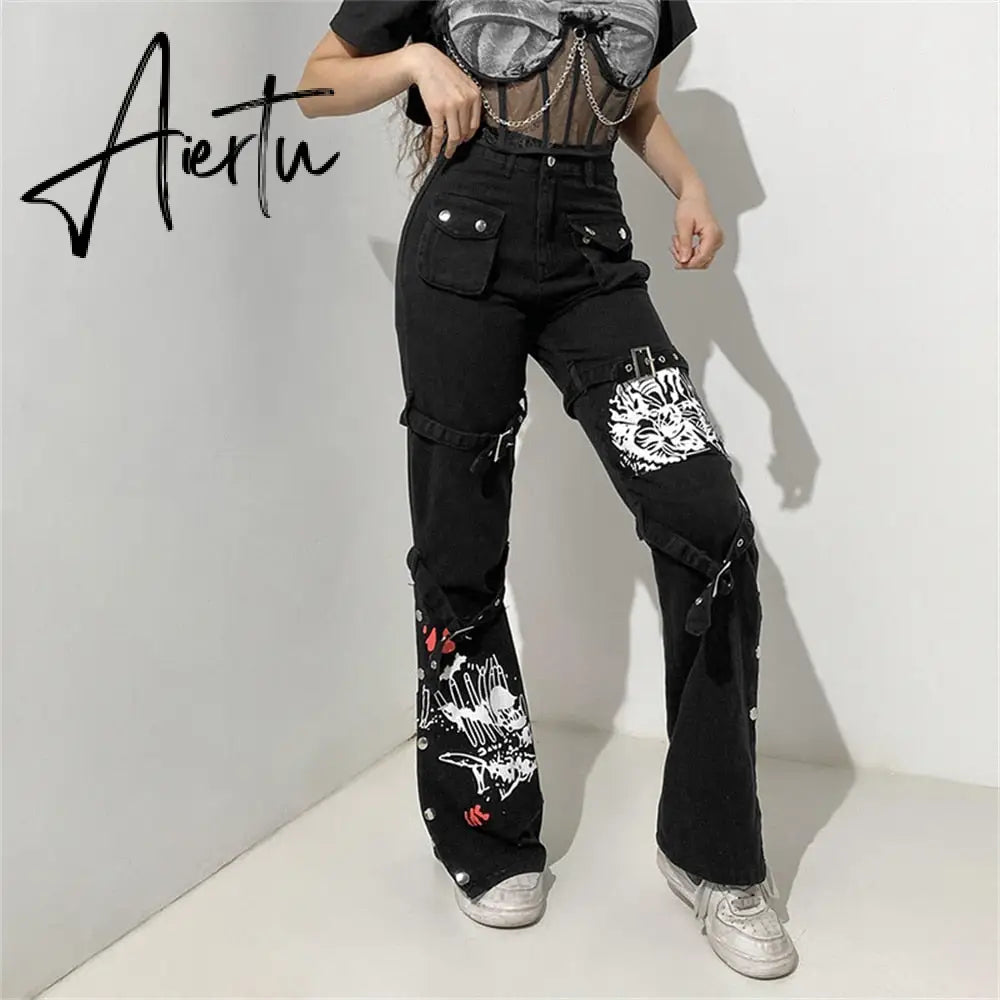 Aiertu Emo Punk Chain Pants Black Denim Woman Gothic Alt Clothes Y2k Streetwear Vintage Straight Pants Pockets High Waist Trousers Aiertu