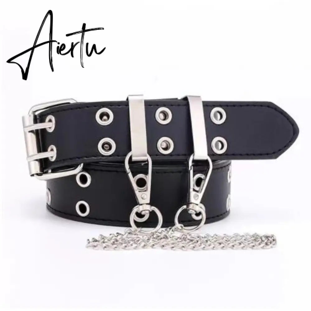 Aiertu Emo Punk Chain Pants Black Denim Woman Gothic Alt Clothes Y2k Streetwear Vintage Straight Pants Pockets High Waist Trousers Aiertu