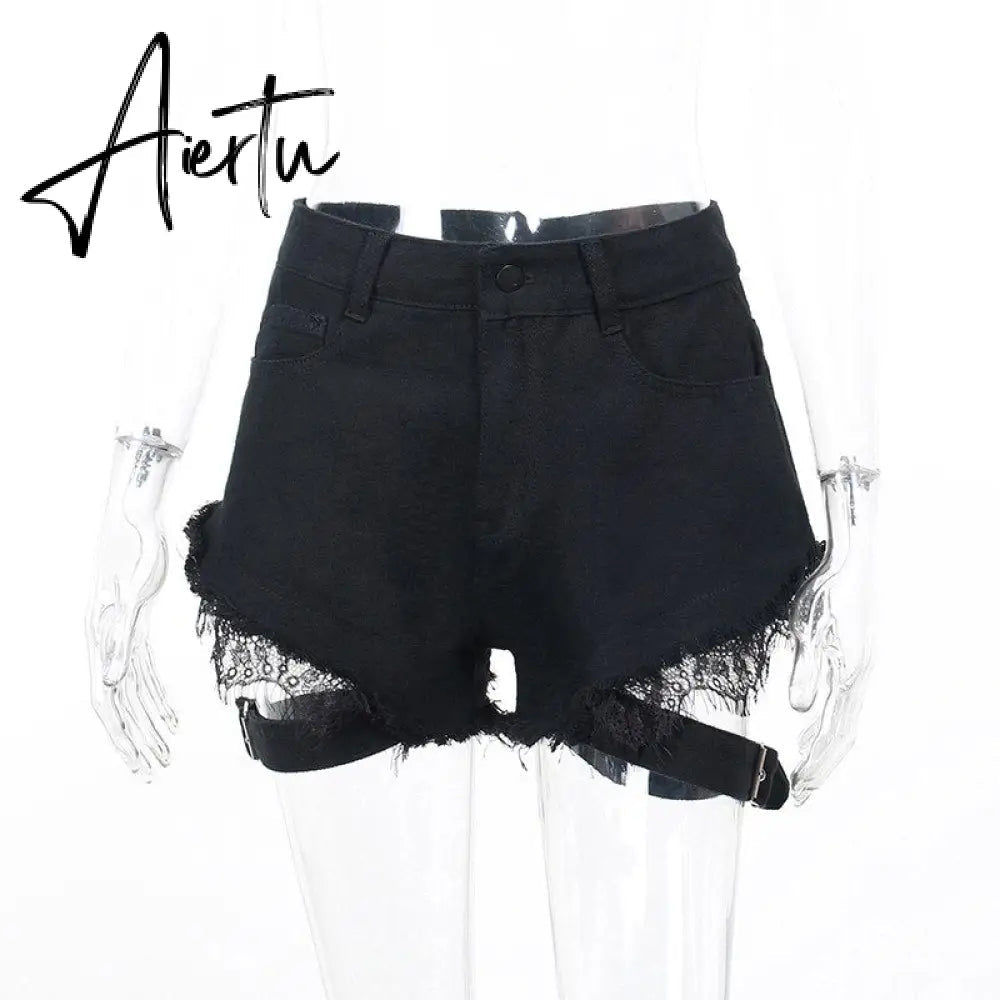 Aiertu Emo Punk Chain Pants Black Denim Woman Gothic Alt Clothes Y2k Streetwear Vintage Straight Pants Pockets High Waist Trousers Aiertu