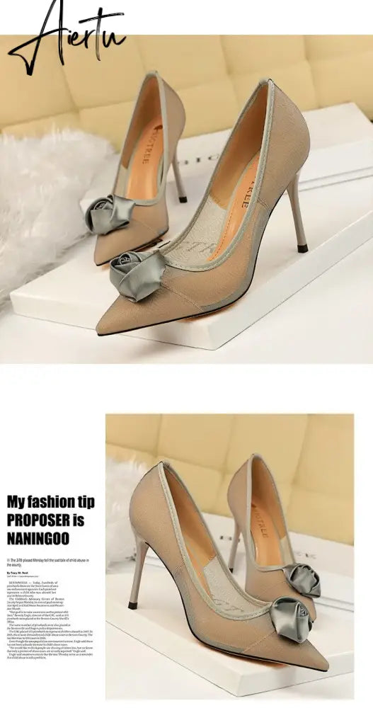 Aiertu European and American sexy nightclubs with high heels and a network of hollow silk and rose flowers women shoes Aiertu