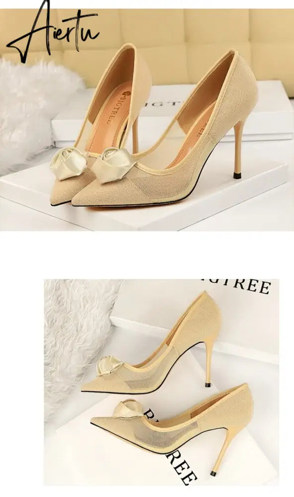 Aiertu European and American sexy nightclubs with high heels and a network of hollow silk and rose flowers women shoes Aiertu
