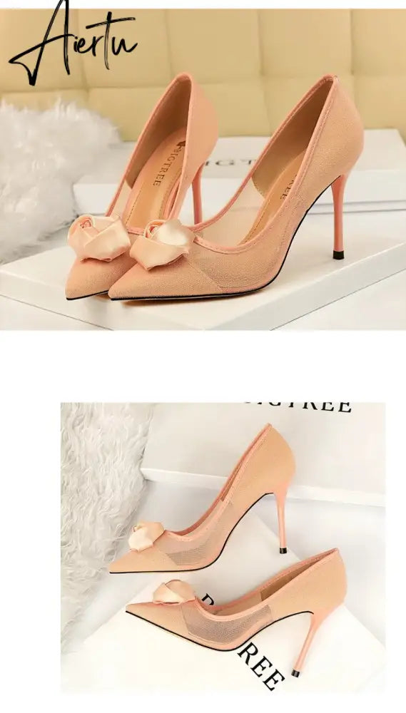 Aiertu European and American sexy nightclubs with high heels and a network of hollow silk and rose flowers women shoes Aiertu