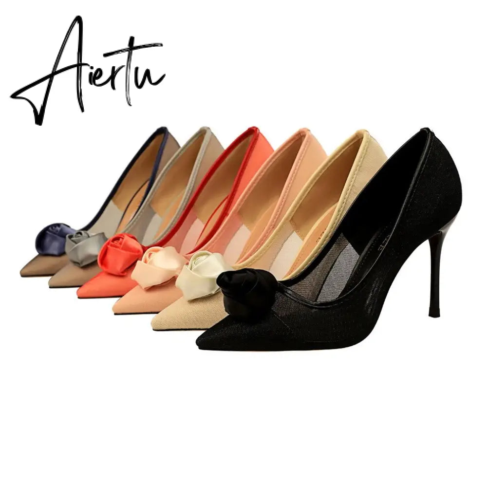 Aiertu European and American sexy nightclubs with high heels and a network of hollow silk and rose flowers women shoes Aiertu