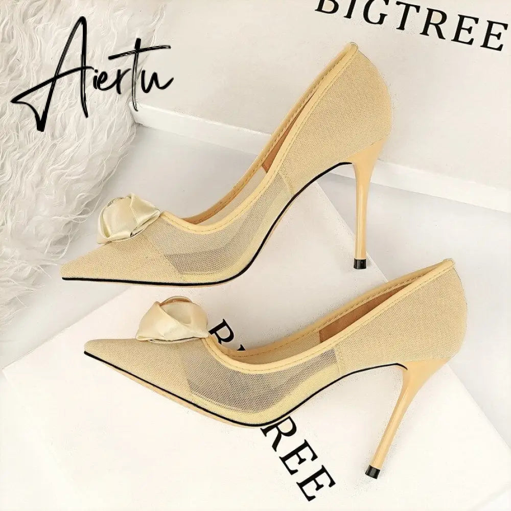 Aiertu European and American sexy nightclubs with high heels and a network of hollow silk and rose flowers women shoes Aiertu