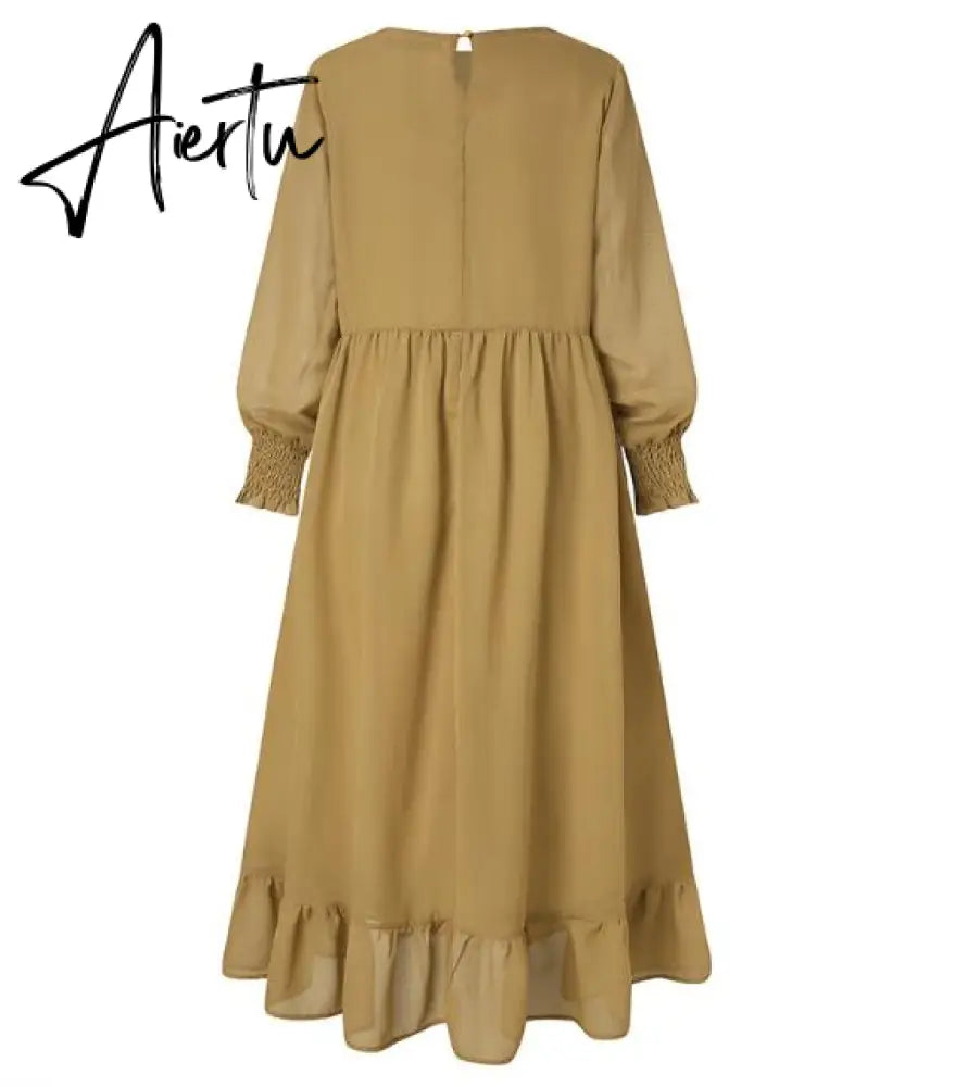 Aiertu  Evening Long Dress Arabic Turkish Islamic Clothing Vintage Women Casual Solid Puff Sleeve Ladies Kaftan Sundress Aiertu