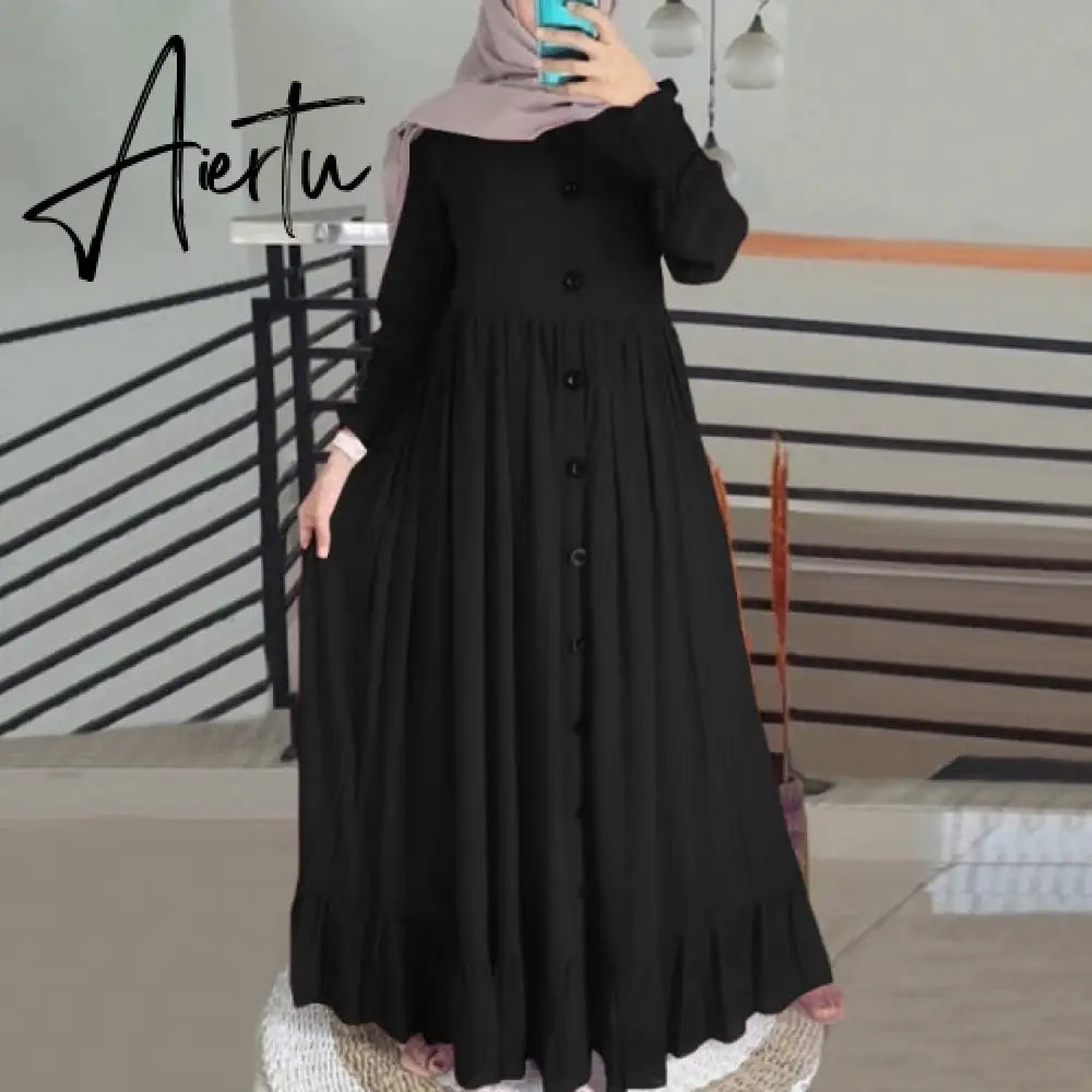 Aiertu  Evening Long Dress Arabic Turkish Islamic Clothing Vintage Women Casual Solid Puff Sleeve Ladies Kaftan Sundress Aiertu