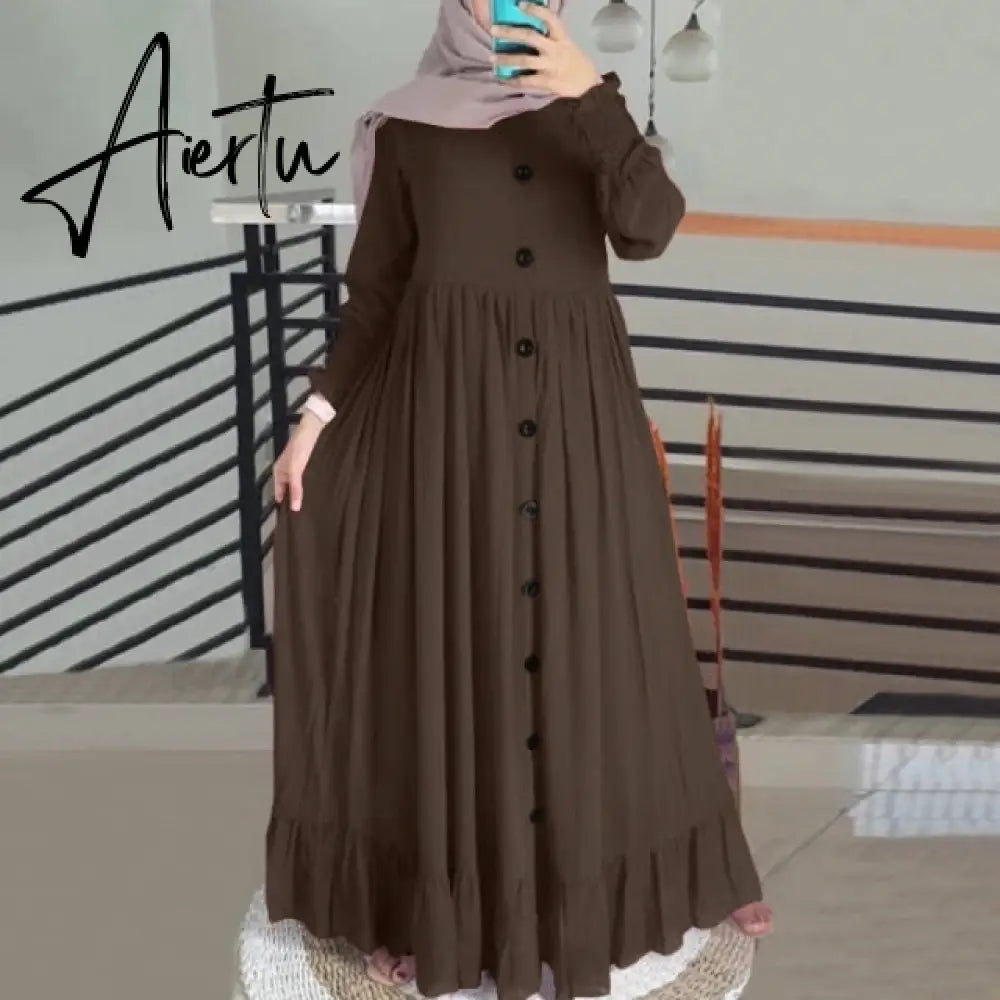 Aiertu  Evening Long Dress Arabic Turkish Islamic Clothing Vintage Women Casual Solid Puff Sleeve Ladies Kaftan Sundress Aiertu