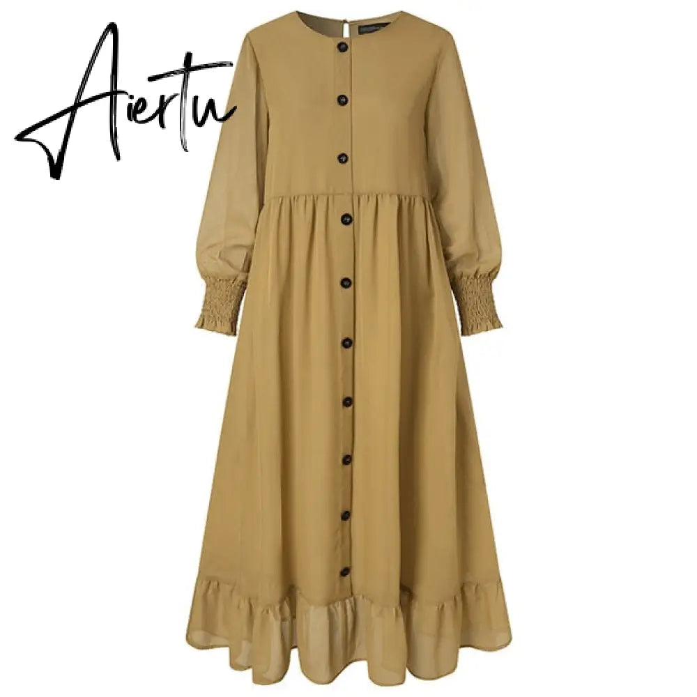 Aiertu  Evening Long Dress Arabic Turkish Islamic Clothing Vintage Women Casual Solid Puff Sleeve Ladies Kaftan Sundress Aiertu