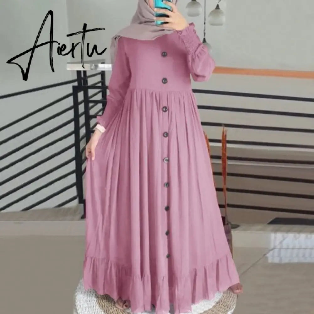 Aiertu  Evening Long Dress Arabic Turkish Islamic Clothing Vintage Women Casual Solid Puff Sleeve Ladies Kaftan Sundress Aiertu