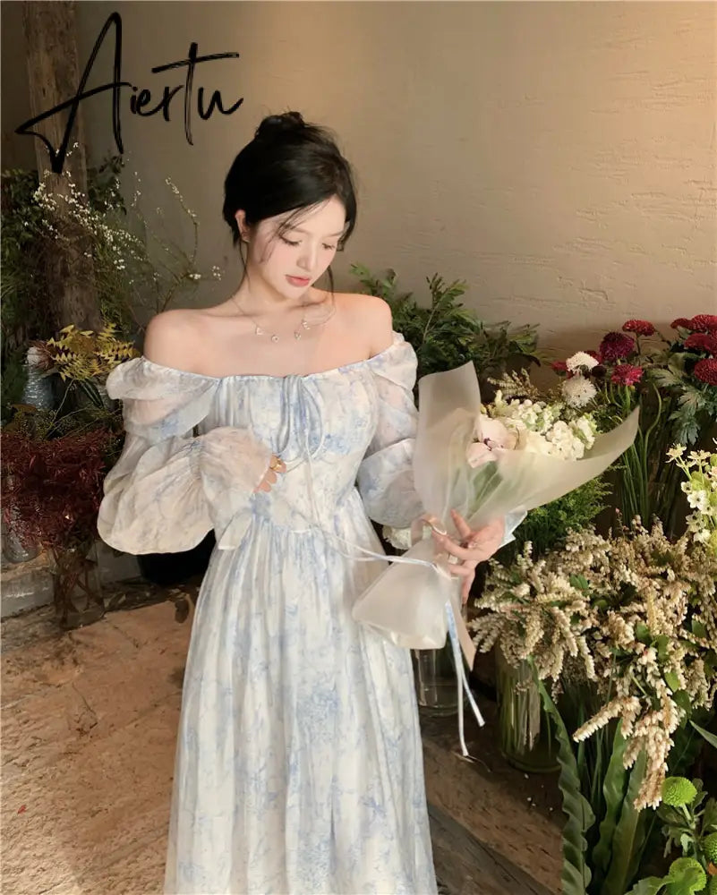 Aiertu Fairy Dress Holiday Floral Dress Women Summer Beach Dress Vintage Off Shoulder French Long Sleeve Midi Dress Elegant Femme Robe Sundress Aiertu