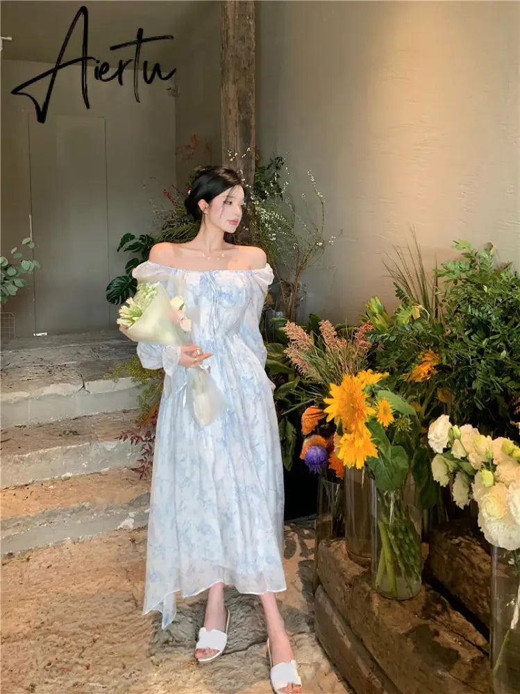 Aiertu Fairy Dress Holiday Floral Dress Women Summer Beach Dress Vintage Off Shoulder French Long Sleeve Midi Dress Elegant Femme Robe Sundress Aiertu