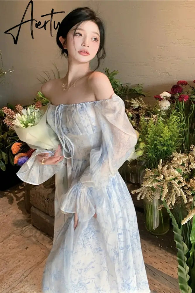 Aiertu Fairy Dress Holiday Floral Dress Women Summer Beach Dress Vintage Off Shoulder French Long Sleeve Midi Dress Elegant Femme Robe Sundress Aiertu