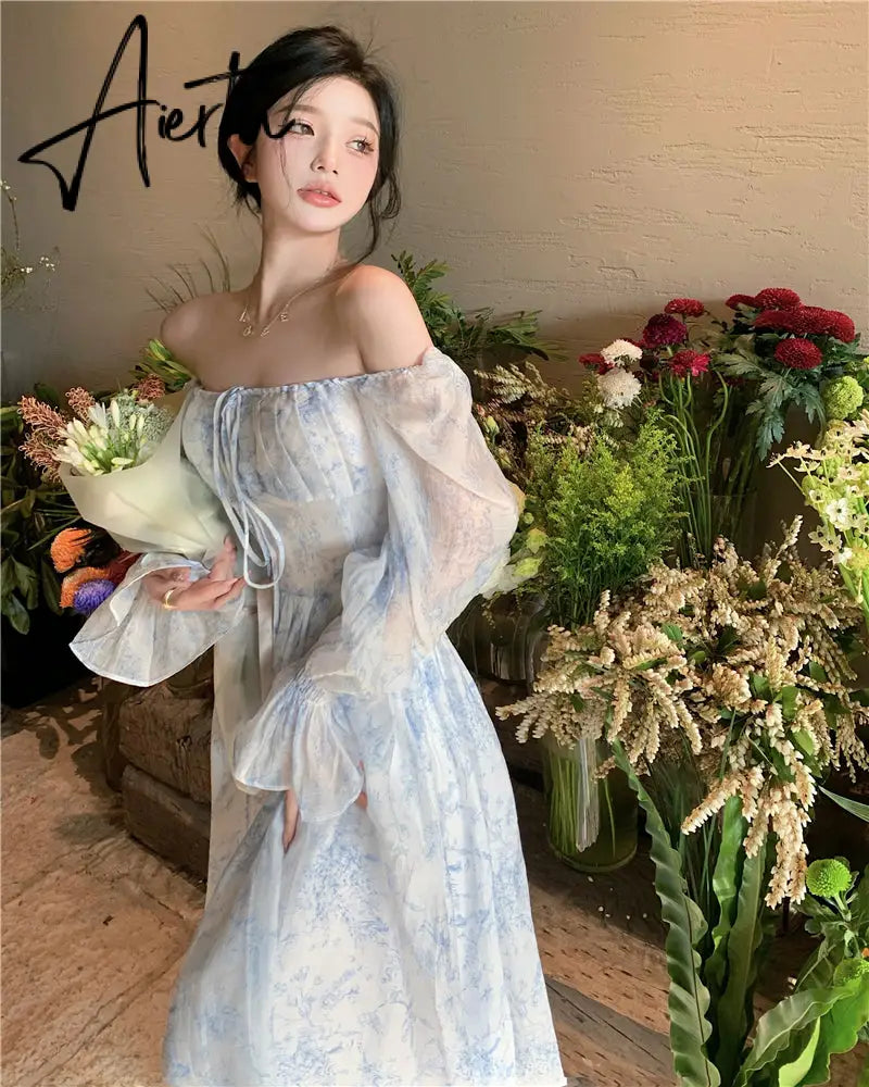 Aiertu Fairy Dress Holiday Floral Dress Women Summer Beach Dress Vintage Off Shoulder French Long Sleeve Midi Dress Elegant Femme Robe Sundress Aiertu