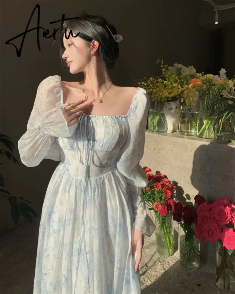 Aiertu Fairy Dress Holiday Floral Dress Women Summer Beach Dress Vintage Off Shoulder French Long Sleeve Midi Dress Elegant Femme Robe Sundress Aiertu