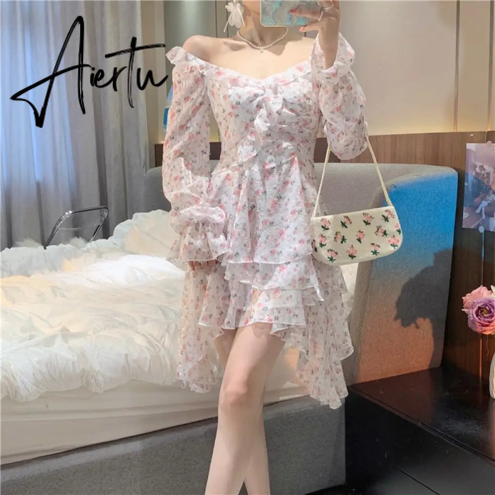 Aiertu Fairy Dress Holiday Irregular Floral Dress Square Collar Women's Spring Long Sleeved Princess Slim Fairy Dress Ruffle Short Dress Vacation Aiertu