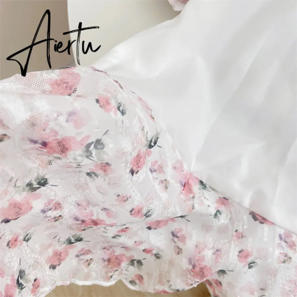 Aiertu Fairy Dress Holiday Irregular Floral Dress Square Collar Women's Spring Long Sleeved Princess Slim Fairy Dress Ruffle Short Dress Vacation Aiertu