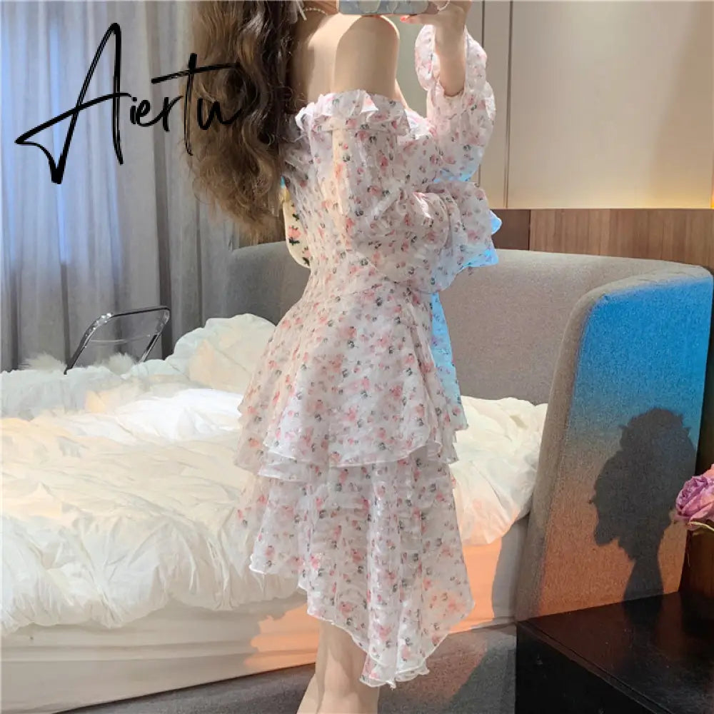 Aiertu Fairy Dress Holiday Irregular Floral Dress Square Collar Women's Spring Long Sleeved Princess Slim Fairy Dress Ruffle Short Dress Vacation Aiertu