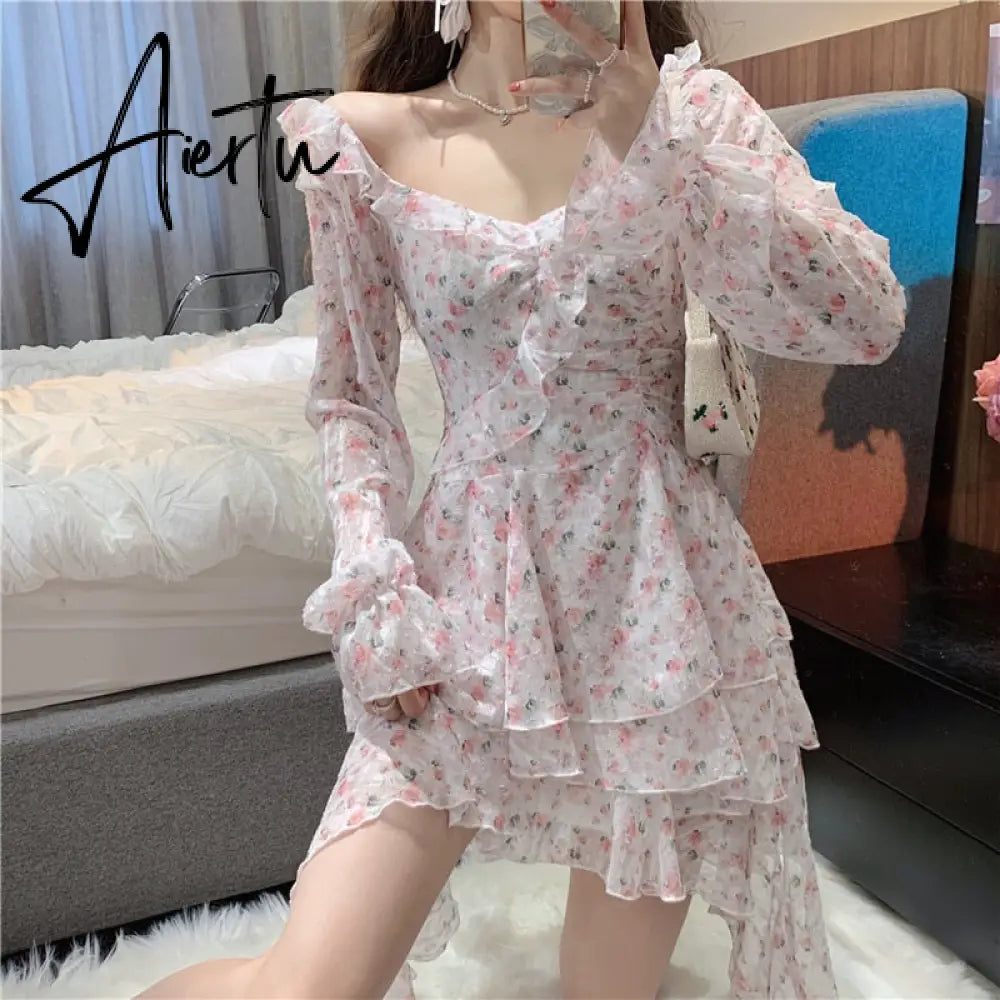 Aiertu Fairy Dress Holiday Irregular Floral Dress Square Collar Women's Spring Long Sleeved Princess Slim Fairy Dress Ruffle Short Dress Vacation Aiertu