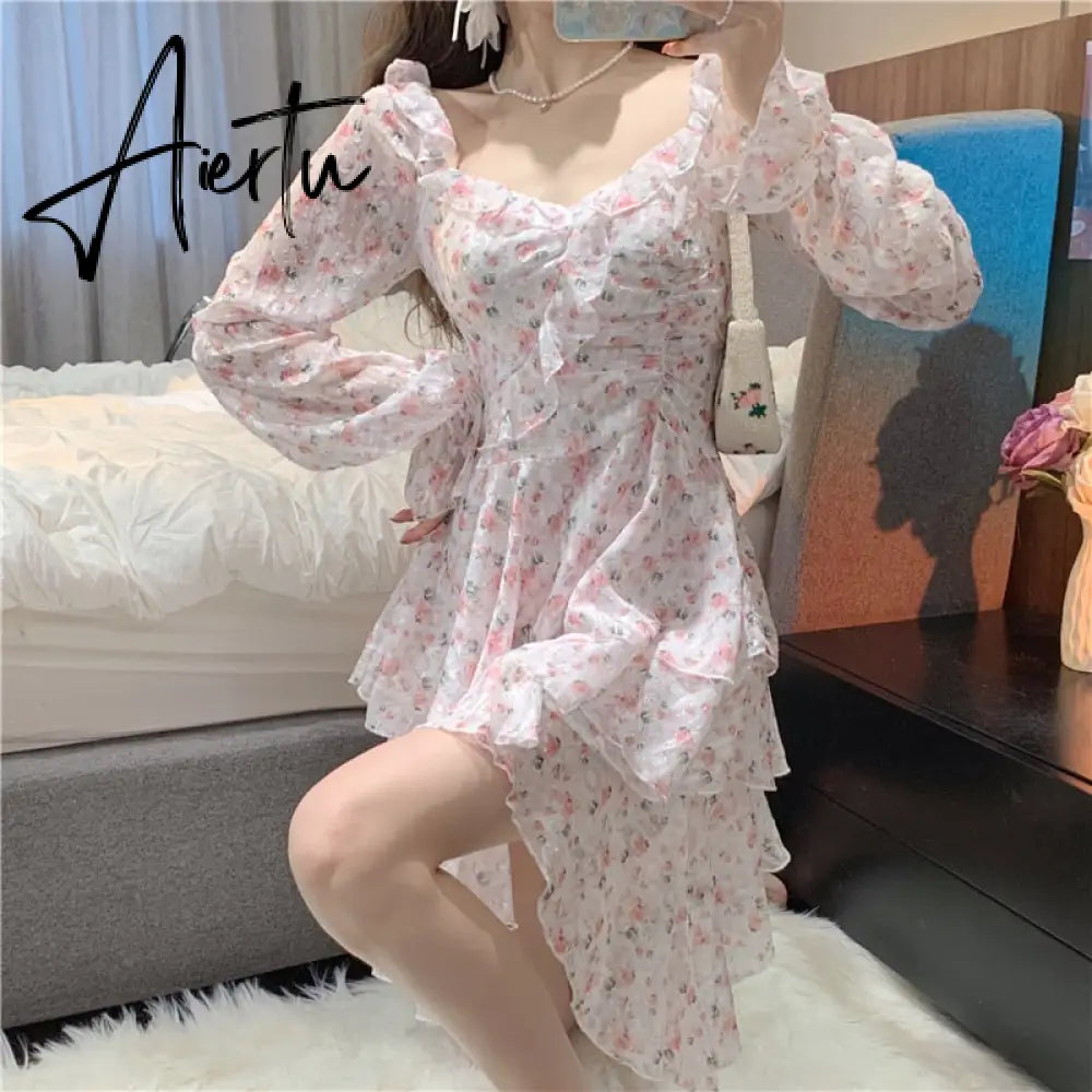 Aiertu Fairy Dress Holiday Irregular Floral Dress Square Collar Women's Spring Long Sleeved Princess Slim Fairy Dress Ruffle Short Dress Vacation Aiertu