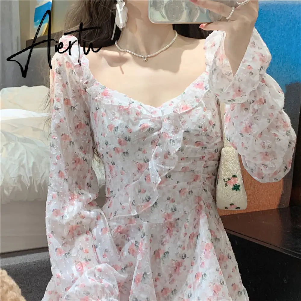 Aiertu Fairy Dress Holiday Irregular Floral Dress Square Collar Women's Spring Long Sleeved Princess Slim Fairy Dress Ruffle Short Dress Vacation Aiertu