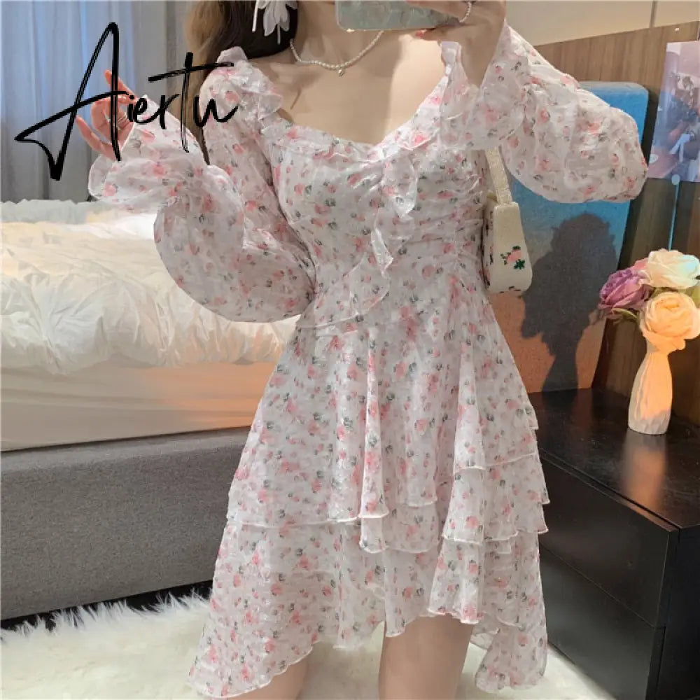 Aiertu Fairy Dress Holiday Irregular Floral Dress Square Collar Women's Spring Long Sleeved Princess Slim Fairy Dress Ruffle Short Dress Vacation Aiertu