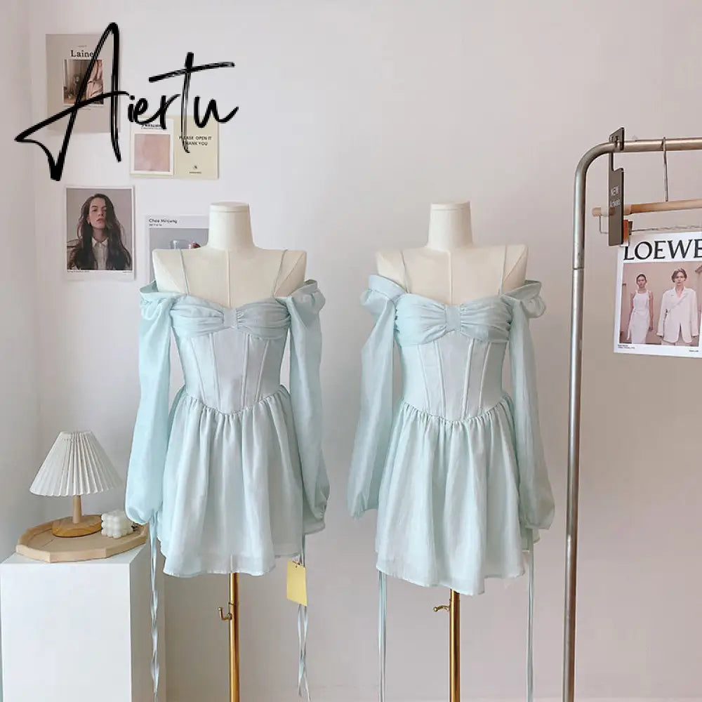 Aiertu Fairy Dress Long Sleeve Dress Female Blue Sweet A-Line Summer High Waist Vintage Slim Fairy Dress Princess Dress Sundress Beachwear Holiday Aiertu