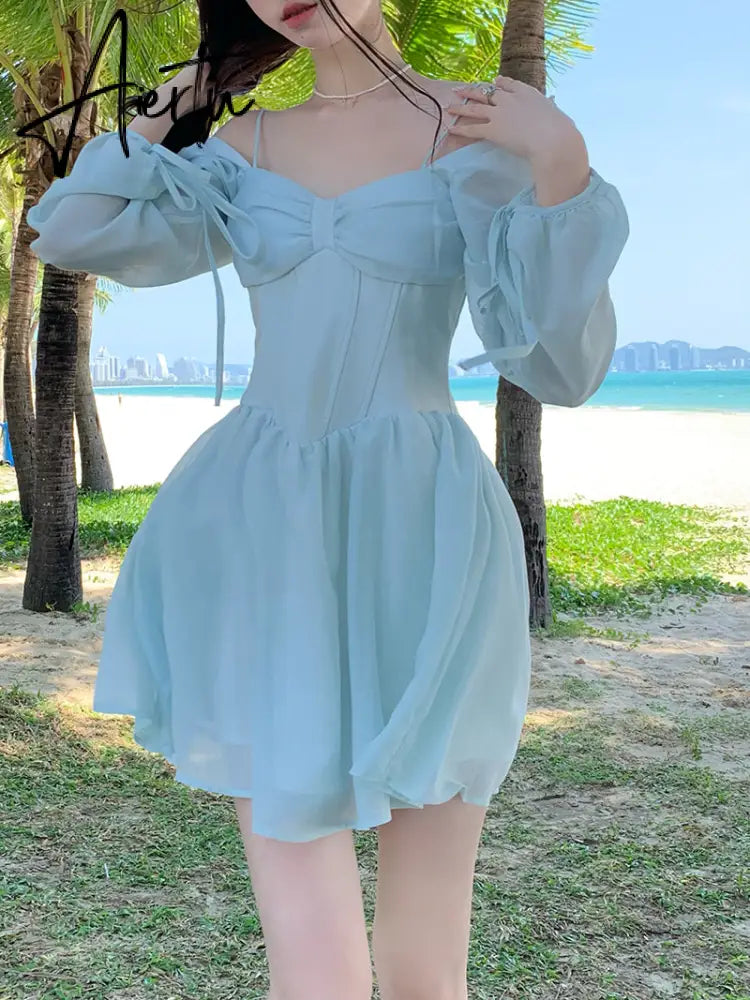 Aiertu Fairy Dress Long Sleeve Dress Female Blue Sweet A-Line Summer High Waist Vintage Slim Fairy Dress Princess Dress Sundress Beachwear Holiday Aiertu