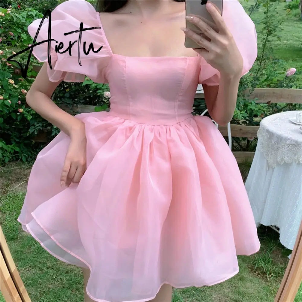 Aiertu Fairy Dress Pink Dress New Summer Organza Fairy Dress Female Sweet Puff Sleeves Mesh Square Collar Princess Dress Women's Clothing Aiertu