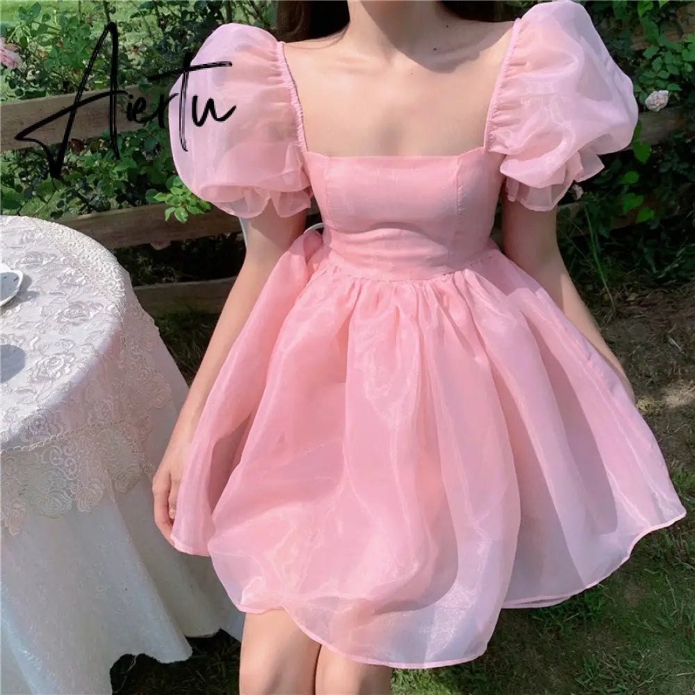 Aiertu Fairy Dress Pink Dress New Summer Organza Fairy Dress Female Sweet Puff Sleeves Mesh Square Collar Princess Dress Women's Clothing Aiertu