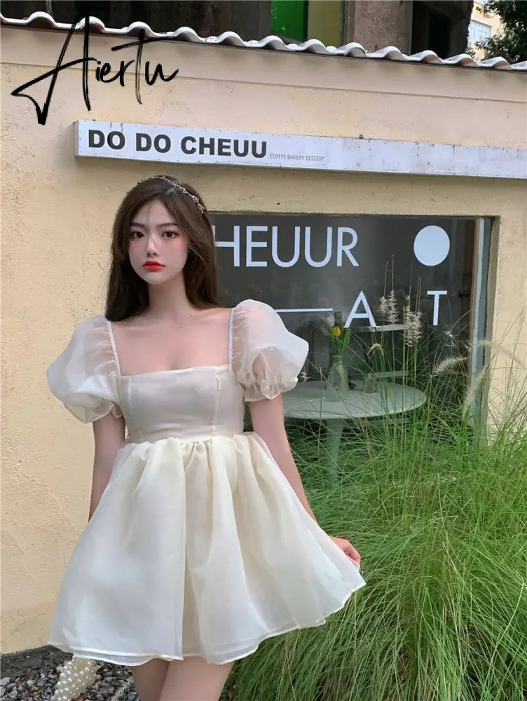 Aiertu Fairy Dress Pink Dress New Summer Organza Fairy Dress Female Sweet Puff Sleeves Mesh Square Collar Princess Dress Women's Clothing Aiertu