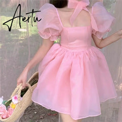 Aiertu Fairy Dress Pink Dress New Summer Organza Fairy Dress Female Sweet Puff Sleeves Mesh Square Collar Princess Dress Women's Clothing Aiertu