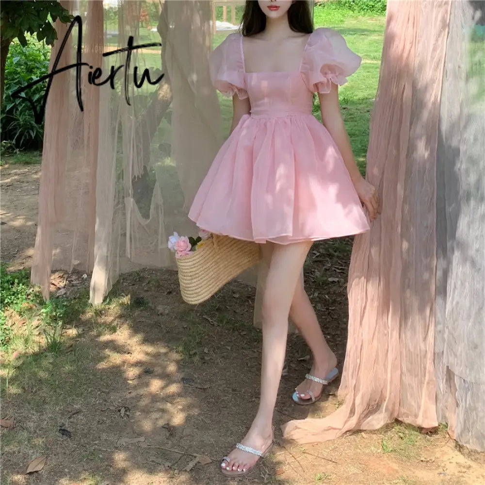 Aiertu Fairy Dress Pink Dress New Summer Organza Fairy Dress Female Sweet Puff Sleeves Mesh Square Collar Princess Dress Women's Clothing Aiertu