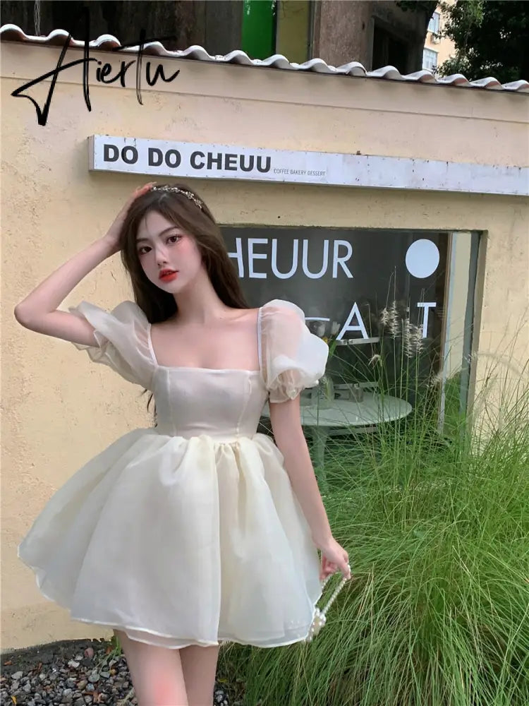 Aiertu Fairy Dress Pink Dress New Summer Organza Fairy Dress Female Sweet Puff Sleeves Mesh Square Collar Princess Dress Women's Clothing Aiertu