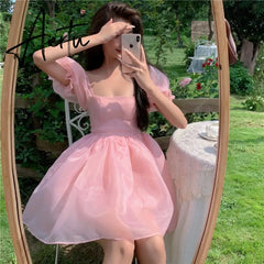 Aiertu Fairy Dress Pink Dress New Summer Organza Fairy Dress Female Sweet Puff Sleeves Mesh Square Collar Princess Dress Women's Clothing Aiertu