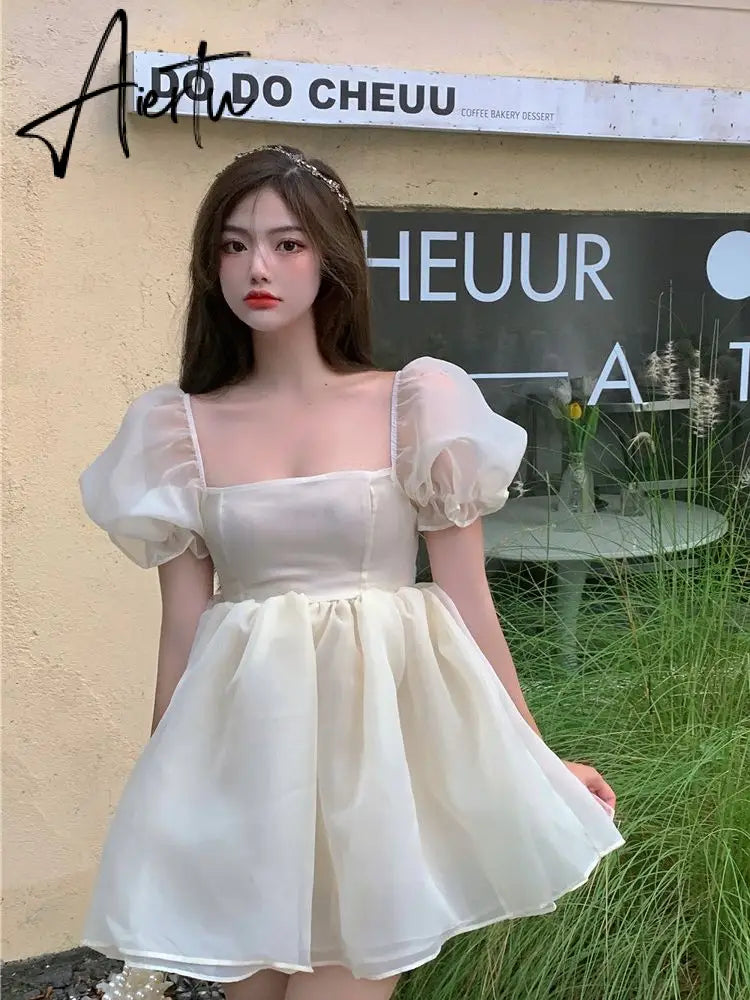 Aiertu Fairy Dress Pink Dress New Summer Organza Fairy Dress Female Sweet Puff Sleeves Mesh Square Collar Princess Dress Women's Clothing Aiertu