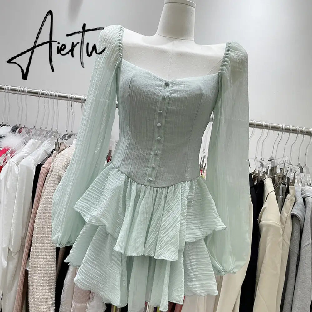 Aiertu Fairy Dress Retro Cupcake Dress Square Neck Puff Sleeve Dress Women Chic Patchwork Spring New High Waist Long Sleeve Short Dress Summer Aiertu
