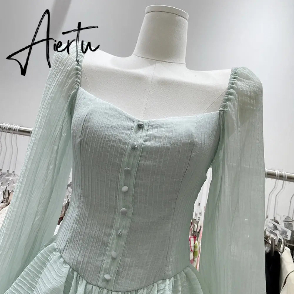 Aiertu Fairy Dress Retro Cupcake Dress Square Neck Puff Sleeve Dress Women Chic Patchwork Spring New High Waist Long Sleeve Short Dress Summer Aiertu