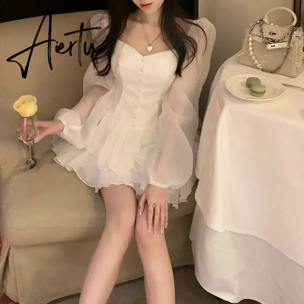 Aiertu Fairy Dress Retro Cupcake Dress Square Neck Puff Sleeve Dress Women Chic Patchwork Spring New High Waist Long Sleeve Short Dress Summer Aiertu