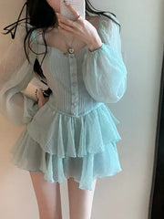 Aiertu Fairy Dress Retro Cupcake Dress Square Neck Puff Sleeve Dress Women Chic Patchwork Spring New High Waist Long Sleeve Short Dress Summer Aiertu