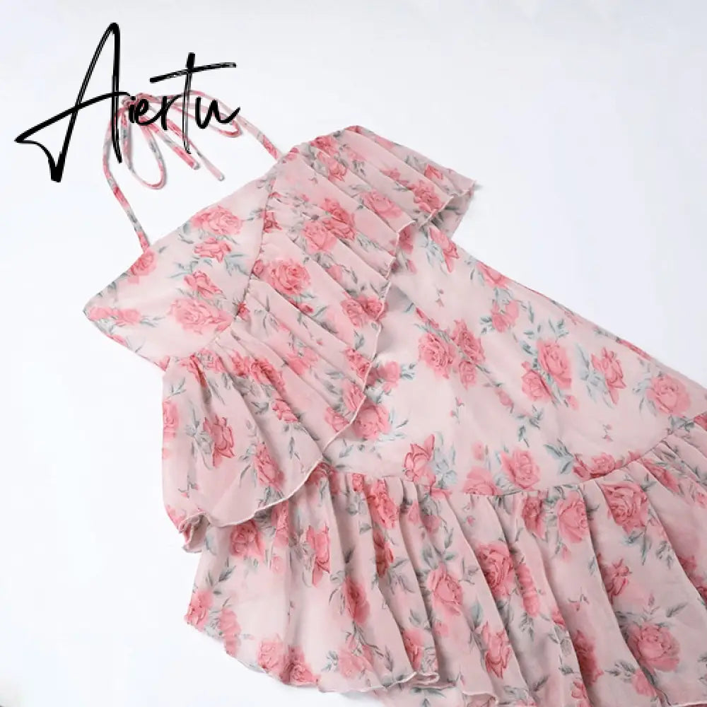 Aiertu Fairy Dress Ruffled Breast Wrap Strap Dress Women's Spring Summer Midi Flower Halterneck  Boho Dress Beach Dress Sundress Aiertu